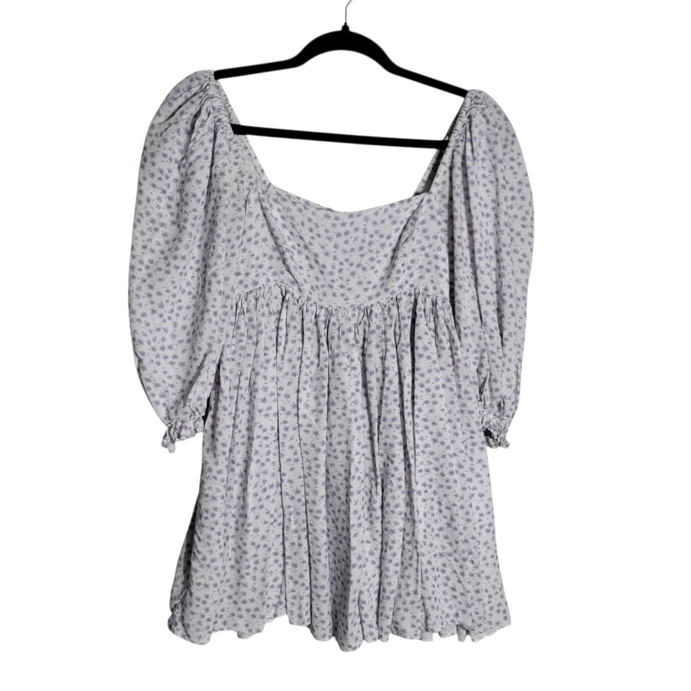 Selkie Purple Floral Puff Sleeve Babydoll Mini Dress XS Cottagecore Rayon - Picture 2 of 8